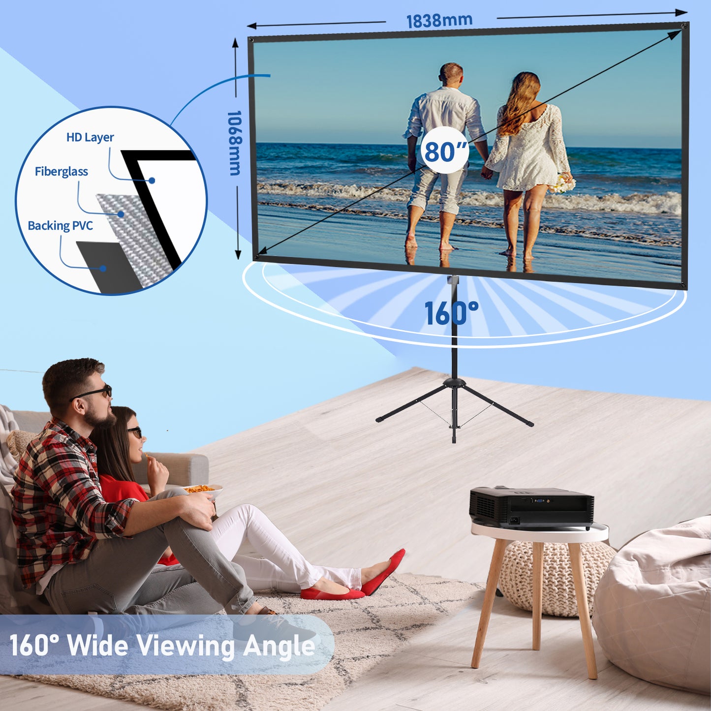 Excelimage Portable Projector Screen with Stand, Outdoor Movie Screen, 80 Inch 16:9 Tripod Projection Screen